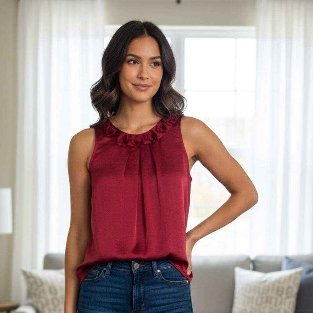 Adiva Sleeveless Silky Flowy Dressy Romantic Holiday Blouse‎ in Deep Red size XL